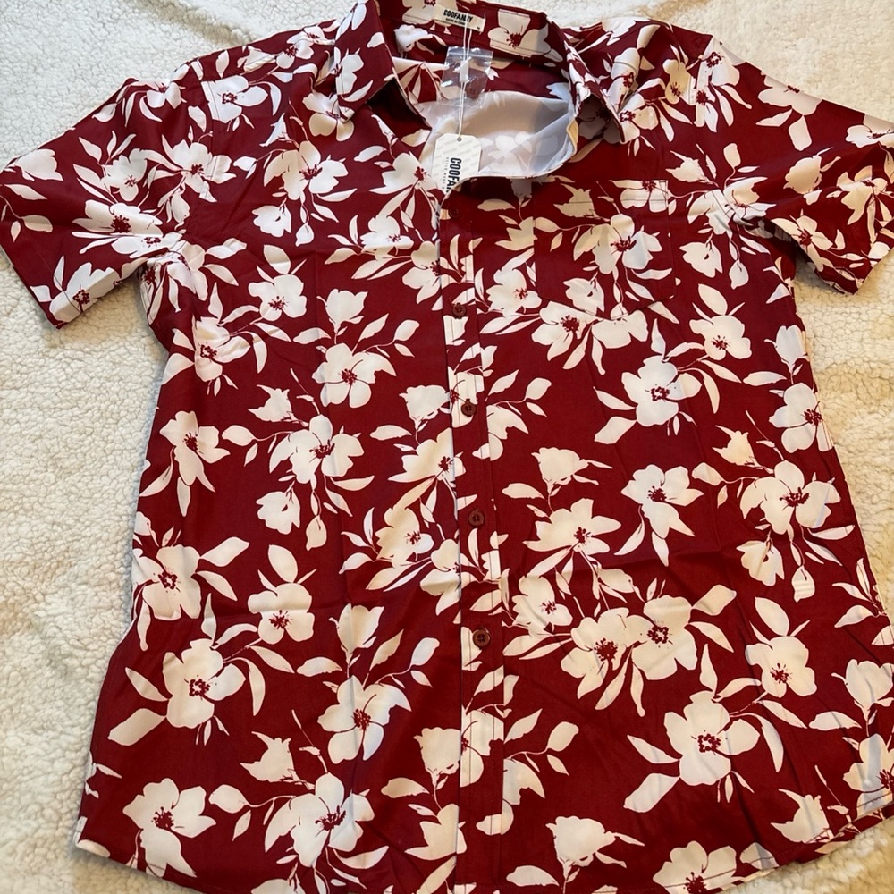 Floral Red and White Casual Button Down Shirt